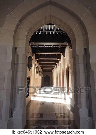 Stock Image - Riwaq, Arcade with light and shadow play, Great Sultan Qaboos Mosque, Muscat, Oman, Asia. Fotosearch