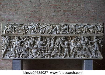 Stock Photo - Roman sarcophagus, Orest and his sister Iphigenia with the Taurians, ca. 1409 AD, glyptotheque, Munich, Upper Bavaria, Germany, Europe. Fotosearch