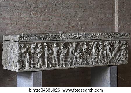 Stock Photograph - Roman sarcophagus, Orest and his sister Iphigenia with the Taurians, ca. 1409 AD, glyptotheque, Munich, Upper Bavaria, Germany, Europe. Fotosearch