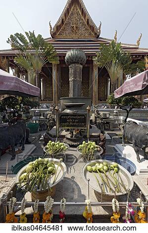 Stock Image - Sacrificial altar with lotus flowers in front of the Ubosot, Temple of Emerald Buddha, Wat Phra Kae, Ko Ratanakosin, Bangkok, Thailand, Asia. Fotosearch