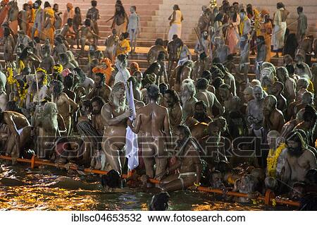 Stock Image - Sadhus at the holy bath, Holi Dip, Hindu festival Kumbh Mela, Ujjain, Madhya Pradesh, India, Asia. Fotosearch