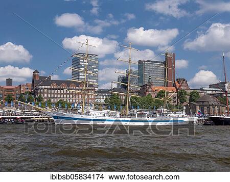 Picture - Sailing ship off Landungsbrücken, Hamburg, Germany, Europe. Fotosearch