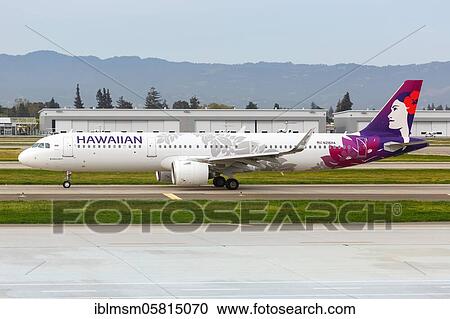 Stock Image - San Jose, United States, 11 April 2019: A Hawaiian Airlines Airbus A321neo aircraft with registration mark N216HA at San Jose (SJC) airport in the United States, North America. Fotosearch
