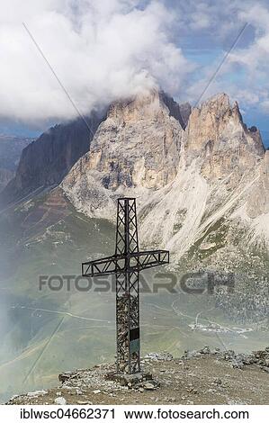 Stock Image - Sass Pordoi, summit cross, Dolomites, South Tyrol, Italy, Europe. Fotosearch