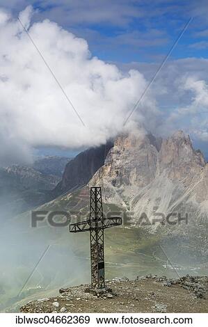 Stock Photo - Sass Pordoi, summit cross, Dolomites, South Tyrol, Italy, Europe. Fotosearch
