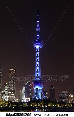 Stock Photography - Shanghai by night, Pudong, Oriental Pearl Tower, Hong Kong, Shanghai, Shanghai Shi, China, Asia. Fotosearch