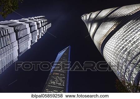 Stock Photo - Shanghai Tower, Shanghai World Financial Center, Jin Mao Tower, night shot, Pudong, Shanghai, Shanghai Shi, China, Asia. Fotosearch