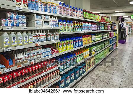Shelf with cleaning materials in a supermarket, Germany, Europe View Large Photo Image Stock Photo - Shelf with cleaning materials in a supermarket, Germany, Europe. Fotosearch