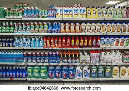 Stock Photograph - Shelf with cleaning materials in a supermarket, Germany, Europe. Fotosearch