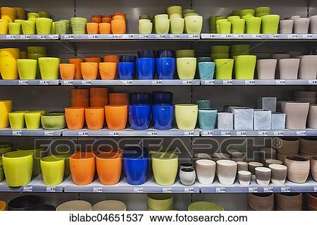 Shelf with planters, garden centre, interior, Bavaria, Germany, Europe View Large Photo Image Stock Photo - Shelf with planters, garden centre, interior, Bavaria, Germany, Europe. Fotosearch