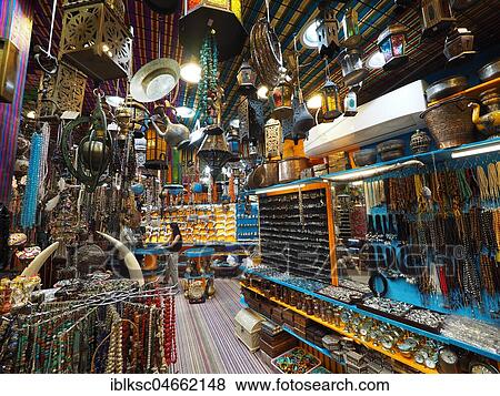 Stock Photo - Shop with traditional crafts and souvenirs, souk of Matrah, Muscat, Oman, Asia. Fotosearch