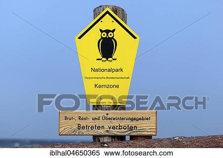 Stock Photography - Signboard National Park Vorpommersche Boddenlandschaft, Darßer Ort, Fischland-Darß-Zingst, Baltic Sea coast, Mecklenburg-Western Pomerania, Germany, Europe. Fotosearch