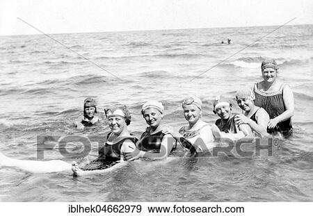 Stock Photo - Six women bathing in the sea, 1930s, Germany, Europe. Fotosearch