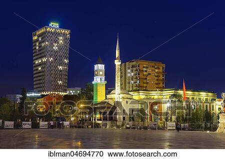 Skanderbeg Square with TID Tower Hotel Plaza, Ethem Bey Mosque and Clock Tower, night view, Tirana, Albania, Europe View Large Photo Image Stock Image - Skanderbeg Square with TID Tower Hotel Plaza, Ethem Bey Mosque and Clock Tower, night view, Tirana, Albania, Europe. Fotosearch