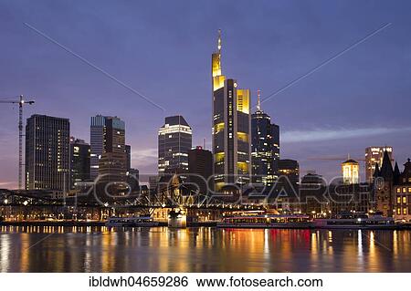 Stock Photograph - Skyline, Business District, Main, Blue Hour, Frankfurt am Main, Hesse, Germany, Europe. Fotosearch