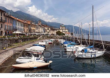 Stock Image - Small marina on the promenade, old town of Cannobio, Lago Maggiore, Verbano-Cusio-Ossola province, Piedmont region, Italy, Europe. Fotosearch