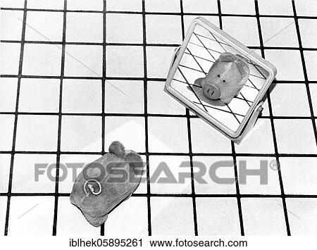 Stock Image - Soft toy, pig sees himself in the mirror, Berlin, Germany, Europe. Fotosearch