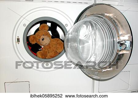 Stock Image - Soft toy, teddy bear in the washing machine, Berlin, Germany, Europe. Fotosearch