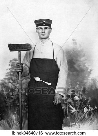 Stock Photograph - Soldier with broom and spoon, kitchen service, 1910s, exact place unknown, Germany, Europe. Fotosearch