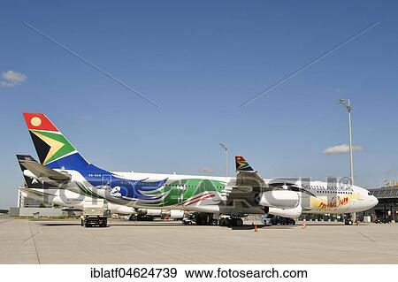 Stock Photo - South African Airlines, SAA, Special Edition Football, Munich Airport, Germany, Europe. Fotosearch