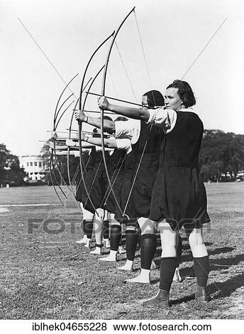 Stock Photo - Sport, Women at archery, Archery, 1930s, exact place unknown, Germany, Europe. Fotosearch
