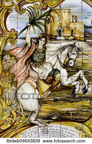 St. Veit, St. Vitus, San Vito, Martyr on horseback, painted majolica tiles, Mazara del Vallo, Province of Trapani, Sicily, Italy, Europe View Large Photo Image Stock Photo - St. Veit, St. Vitus, San Vito, Martyr on horseback, painted majolica tiles, Mazara del Vallo, Province of Trapani, Sicily, Italy, Europe. Fotosearch