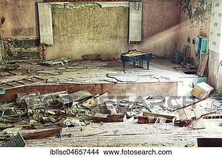 Stage with concert grand in destroyed hall, ghost town Prypyat in the Chernobyl region, Prypyat, Kiev Oblast, Ukraine, Europe View Large Photo Image Picture - Stage with concert grand in destroyed hall, ghost town Prypyat in the Chernobyl region, Prypyat, Kiev Oblast, Ukraine, Europe. Fotosearch