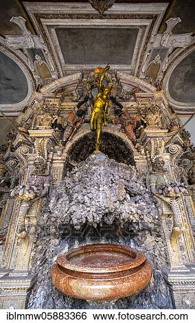 Stock Photograph - Stalactite fountain with Mercury fountain figure, Grotto courtyard, Munich Residence, Munich, Upper Bavaria, Bavaria, Germany, Europe. Fotosearch