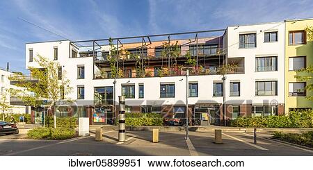 Stock Image - Stationary speed camera in front of a modern apartment building, residential area, district Lustnau, Tübingen, Baden-Württemberg, Germany, Europe. Fotosearch