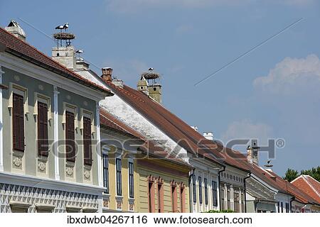 Stock Photograph - Storchennester mit Weissstorchen (Ciconia ciconia) auf den Dachern in der Hauptstrasse, Rust, Neusiedler See, Burgenland, Osterreich, Europa. Fotosearch