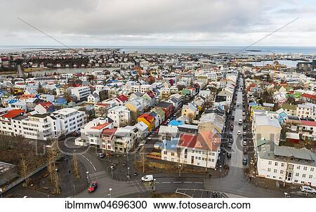 Stock Image - Streets and houses, view from church of Hallgrímur to Reykjavik and the peninsula Snaefellsnes, Höfudborgarsvaedid, Iceland, Europe. Fotosearch
