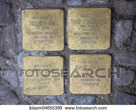 Stock Photo - Stumbling blocks, memorial plaque, deportation, holocaust, Jewish victims of National Socialism, Thomasiusstr., Berlin, Germany, Europe. Fotosearch