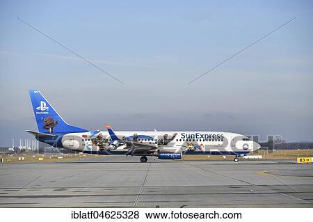Stock Photo - Sun Express, Special aircraft, Playstation, B737-800, Munich Airport, Upper Bavaria, Germany, Europe. Fotosearch