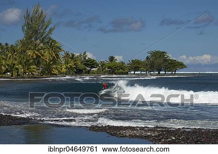 Stock Image - Surfing, Beach of Teahupoo, Tahiti, French Polynesia, Oceania. Fotosearch