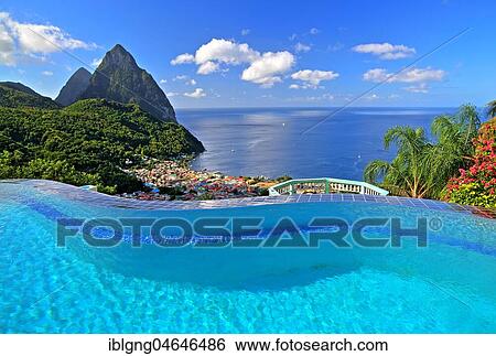 Swimming pool of the La Haut Resort with view of the village and the two Pitons, Gros Piton 770m and Petit Piton 743m, Soufriere, St. Lucia, Lesser Antilles, West Indian Islands, Caribbean Sea View Large Photo Image Stock Photograph - Swimming pool of the La Haut Resort with view of the village and the two Pitons, Gros Piton 770m and Petit Piton 743m, Soufriere, St. Lucia, Lesser Antilles, West Indian Islands, Caribbean Sea. Fotosearch