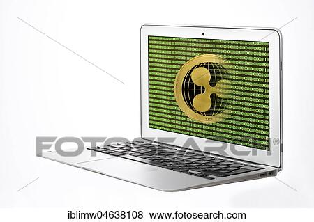 Stock Photo - Symbol image cryptocurrency, digital currency, gold physical coin Ripple laptop with digital binary code. Fotosearch