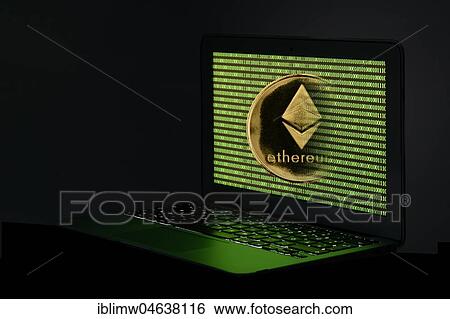 Symbol image cryptocurrency, digital currency, gold physical coin Ethereum laptop with digital binary code View Large Photo Image Stock Photograph - Symbol image cryptocurrency, digital currency, gold physical coin Ethereum laptop with digital binary code. Fotosearch