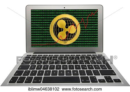 Stock Image - Symbol image Share price Cryptocurrency digital currency, gold coin Ripple Laptop binary code. Fotosearch