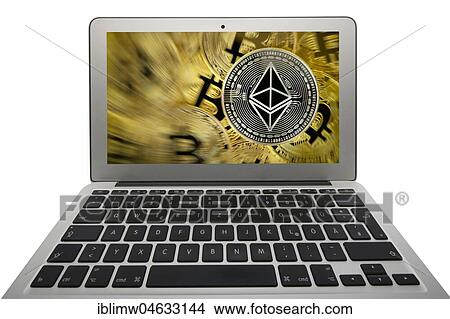 Symbol picture cryptocurrency, digital currency, silver coin Ethereum under gold coins Bitcoin on laptop display, cutout View Large Photo Image Picture - Symbol picture cryptocurrency, digital currency, silver coin Ethereum under gold coins Bitcoin on laptop display, cutout. Fotosearch