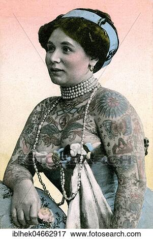 Stock Photo - Tattooed woman, original title Altmärkische Schönheit, handcoloured, 1910s, Germany, Europe. Fotosearch