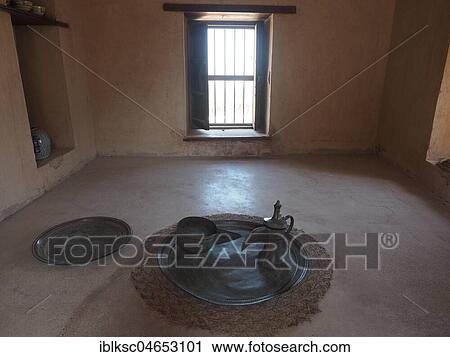 Stock Image - Tea ceremony, Traditional copper tableware, Teapot, Nakhl Fortress, Nakhl, Oman, Asia. Fotosearch