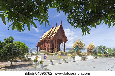 Stock Image - Teak wood temple Wat Ao Noi, Prachuap Khiri Khan, Thailand, Asia. Fotosearch