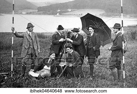 Stock Photo - Technology, history, men in surveying, Bavaria, approx. 1930s, exact location unknown, Bavaria, Germany, Europe. Fotosearch