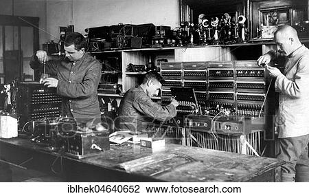 Stock Image - Technology, history, repair of a telephone system, ca. 1930s, exact location unknown, Germany, Europe. Fotosearch