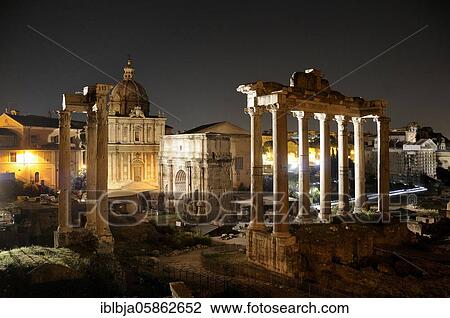 Stock Image - Temple of Saturn, Roman forum at night, Rome, Italy, Europe. Fotosearch