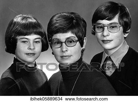Picture - Terrible family portrait, mother with two children 1970s, Lauda, Germany, Europe. Fotosearch
