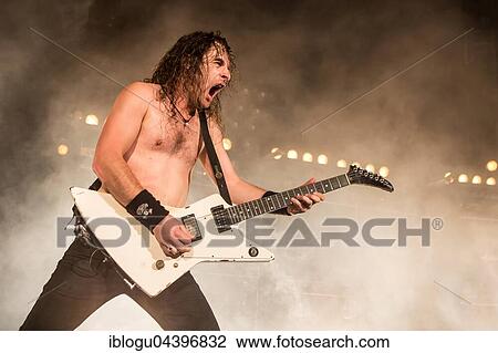 Stock Image - The Australian hard rock band Airbourne live at the Blue Balls Festival Lucerne, Switzerland Joel O' Keeffe, vocals and guitar David Roads, guitar Justin Street, bass Ryan O' Keeffe, drums. Fotosearch