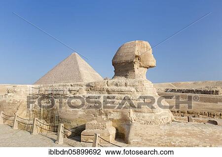 Stock Image - The great Sphinx with the pyramid of Cheops in the background, Giza, Cairo, Egypt, Africa. Fotosearch
