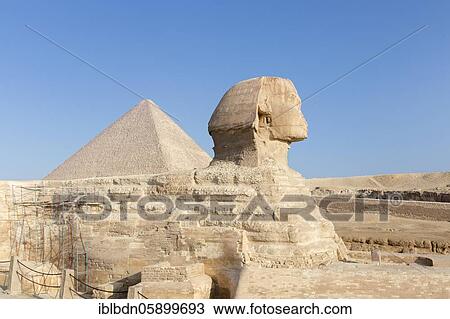 Stock Image - The great Sphinx with the pyramid of Cheops in the background, Giza, Cairo, Egypt, Africa. Fotosearch