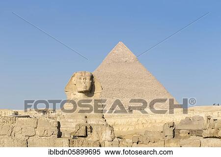 Stock Photography - The great Sphinx with the pyramid of Khafre in the background, Giza, Cairo, Egypt, Africa. Fotosearch